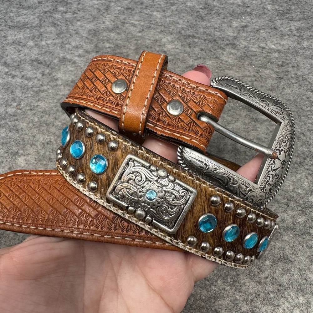 Nocona Kids Girls Hair-on Hide Turquoise Rhinestone Western Cowgirl Belt Leather